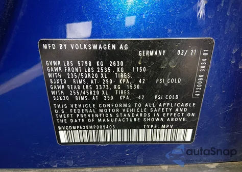 2021 Volkswagen Id.4 1St Edition from USA, damaged, VIN WVGDMPE28MP009403